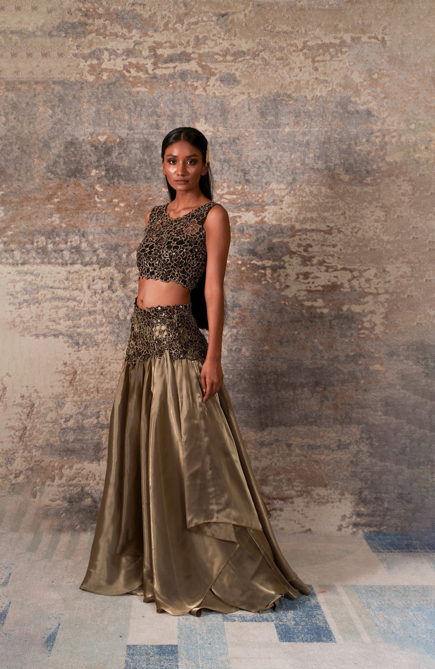 Traksh Nakshatra Dusty Brown Mettalic Organza High Low Crop Top And Sk