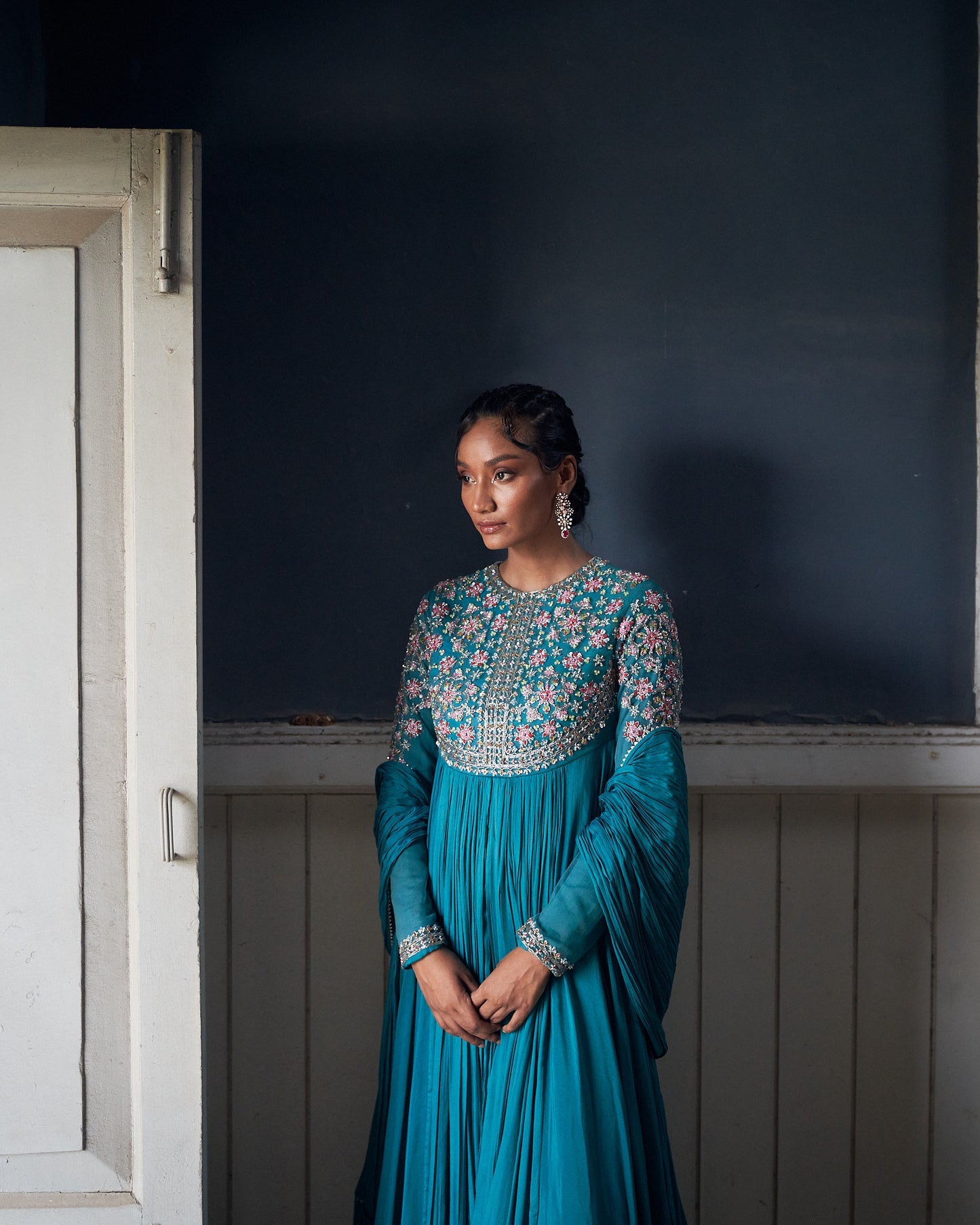 Pushp-Jade Blue Embroidered Anarkali With Dupatta