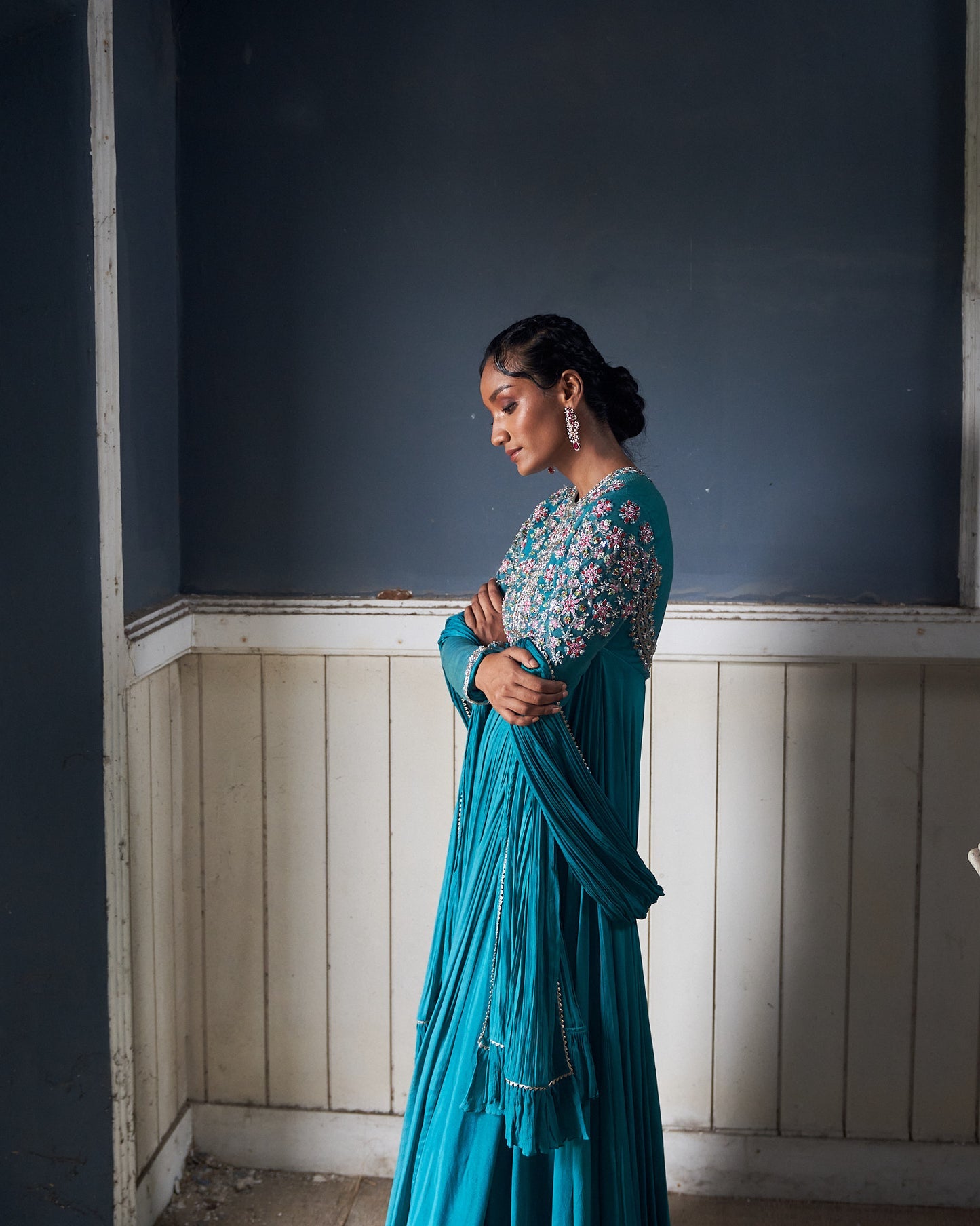 Pushp-Jade Blue Embroidered Anarkali With Dupatta