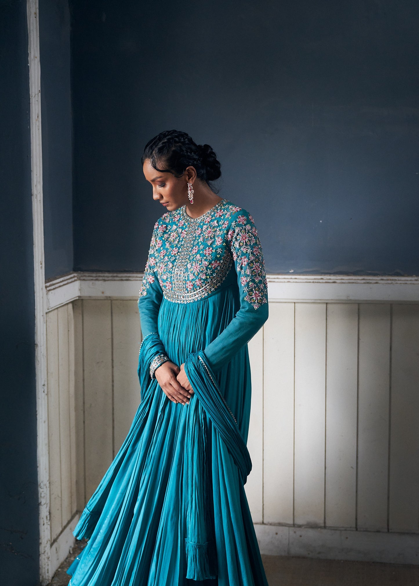 Pushp-Jade Blue Embroidered Anarkali With Dupatta