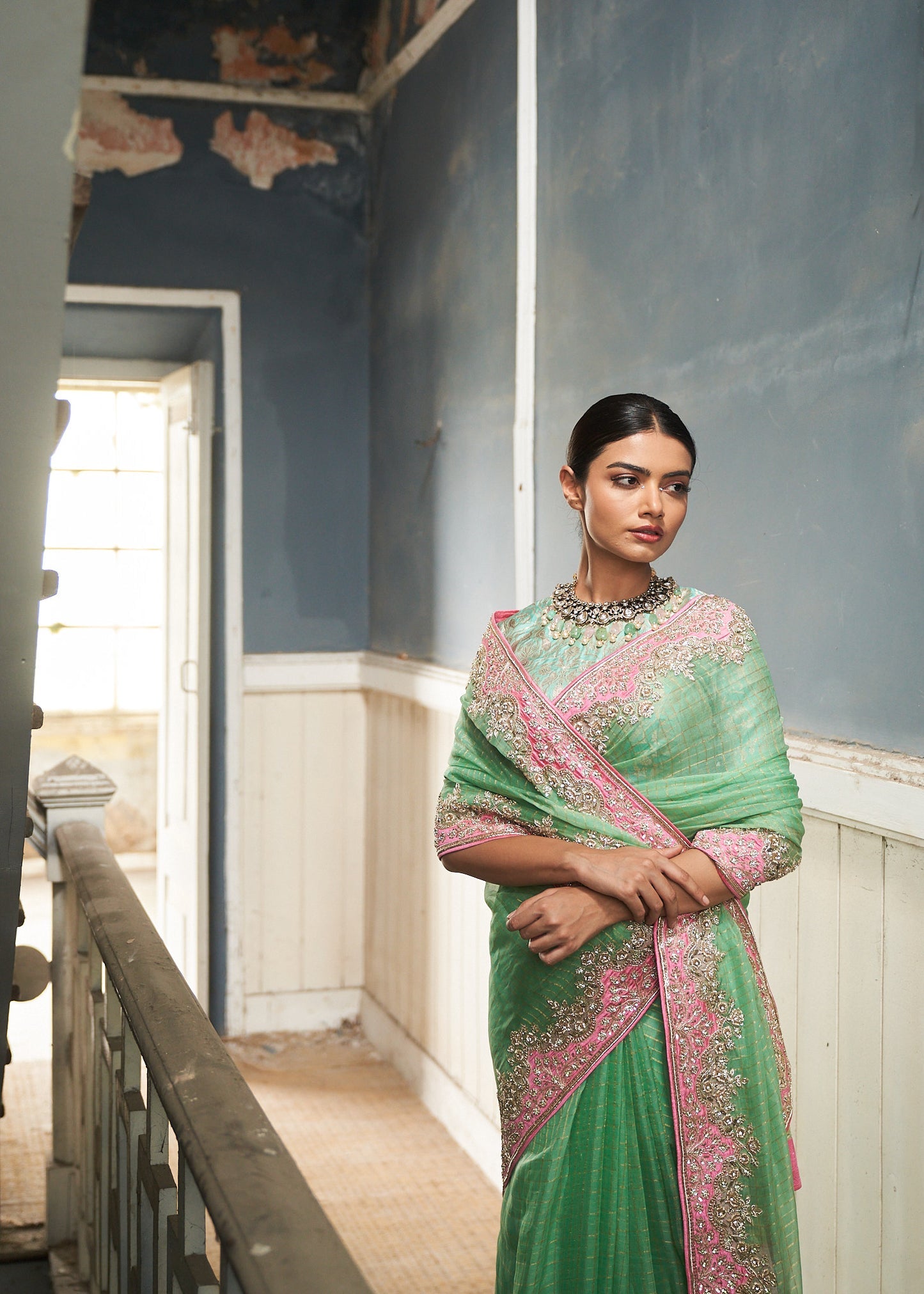 Tara -Jade Green Raw Silk Embroidered Saree With Banaras Blouse