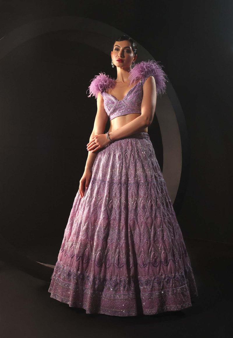 Luxurious Lilac Lehenga Set with Feather Embellishments