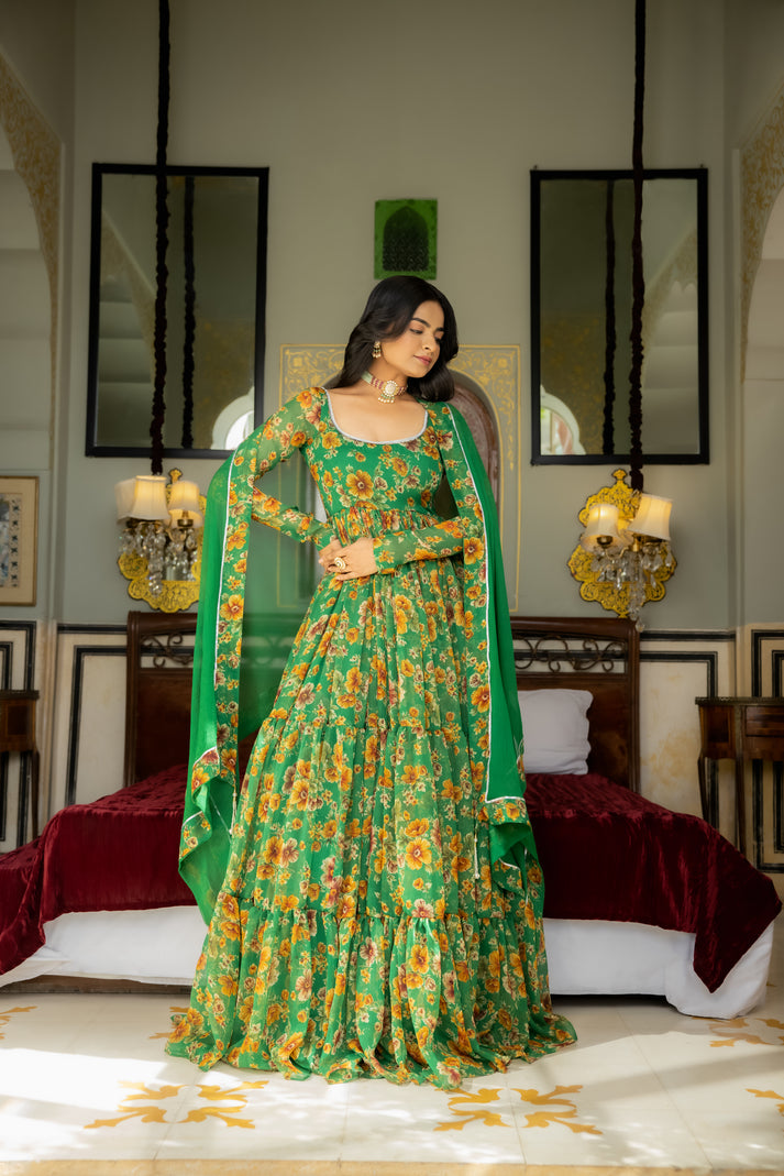 Ishya Green Floral Printed Tiered Anarkali Set