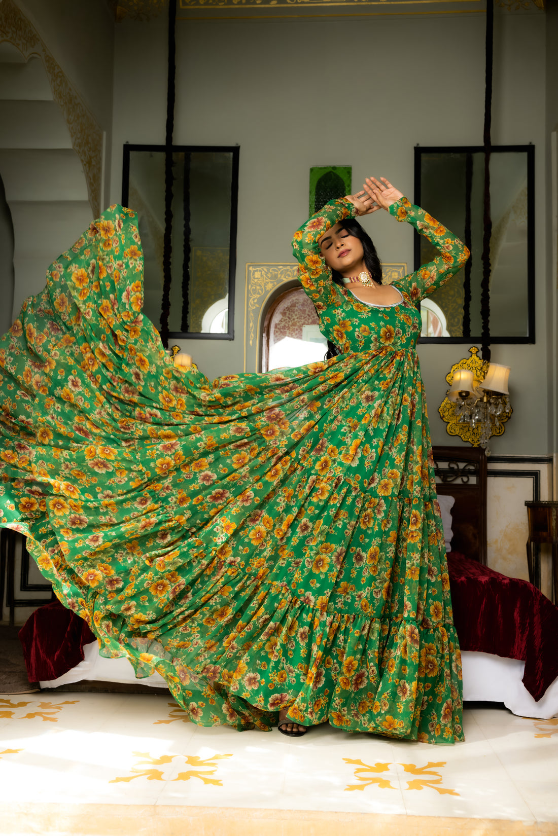 Ishya Green Floral Printed Tiered Anarkali Set