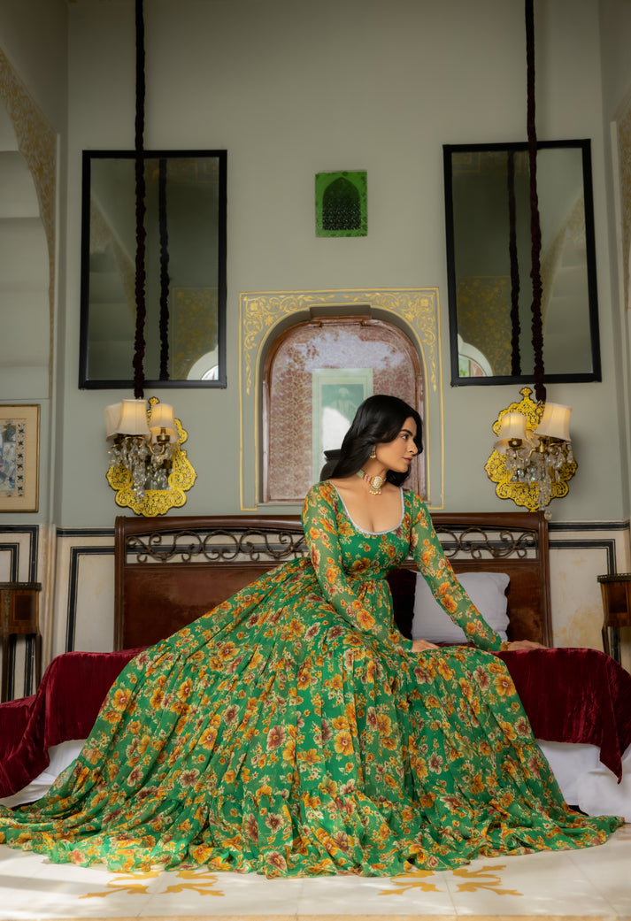 Ishya Green Floral Printed Tiered Anarkali Set