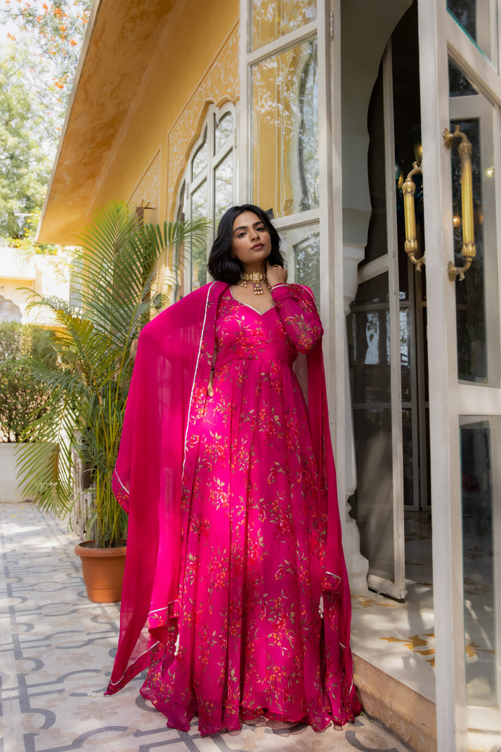 Idika Magenta Pink Floral Printed Anarkali Set