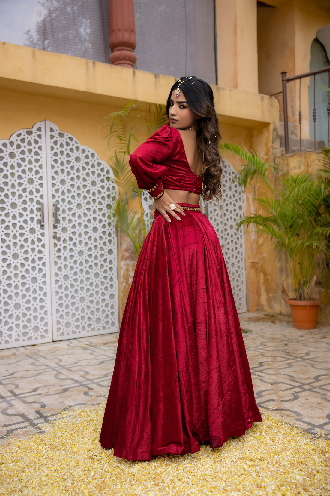 Maryam Red Velvet Detailed Lehenga Set