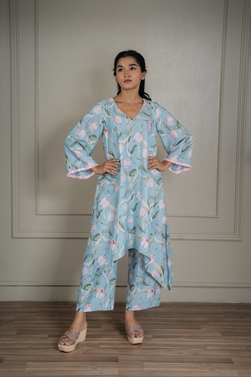 CY Pastel Blue Printed Co-ord Set With Sequin Detailing Front 1