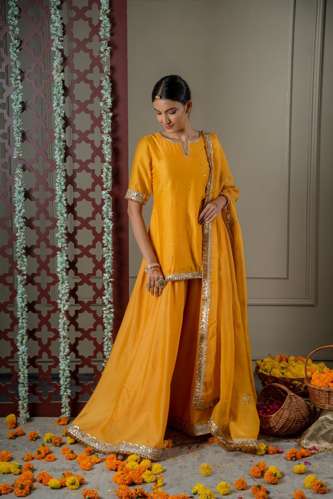 CY Mustard Yellow Organza Embroidered Dupatta Front 1