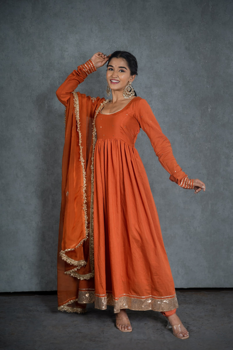 CY Burnt Orange Organza Embroidered Dupatta Front 1