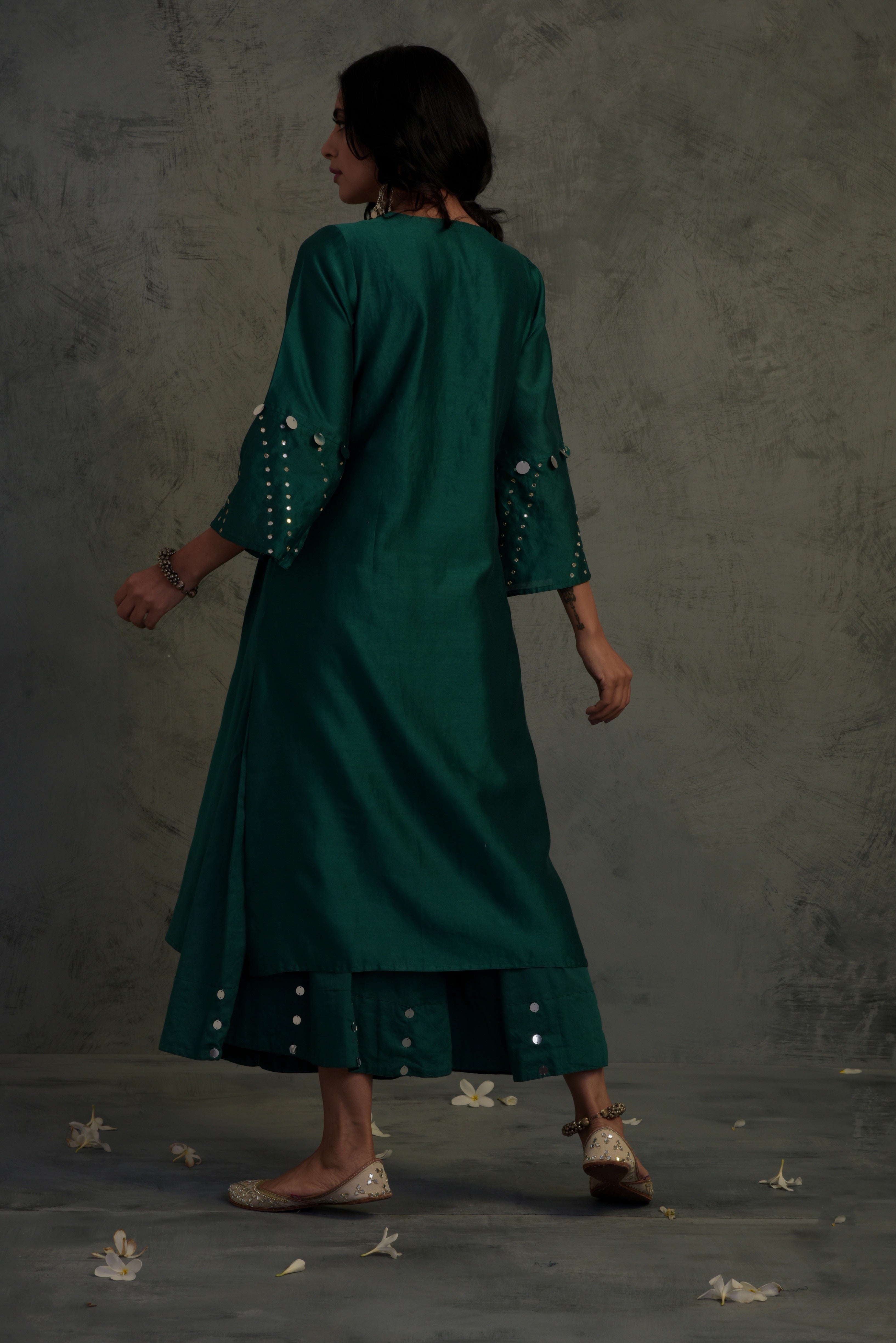 CY Charkhee Emerald Green Bell Sleeves Kurta Back 1