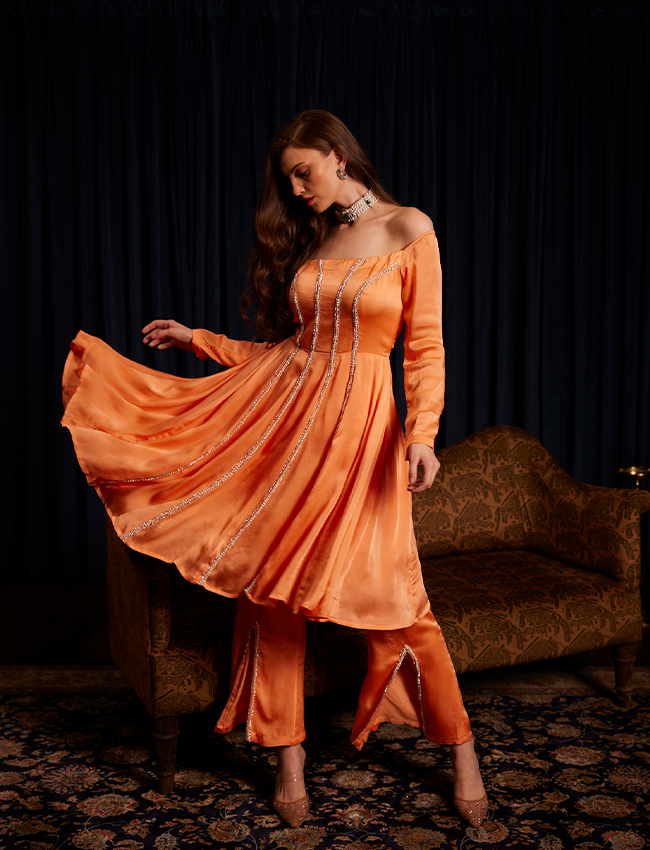 CY Saadgi Nagpal Saffron Serenity Off-Shoulder Co-Ord Set Side 1