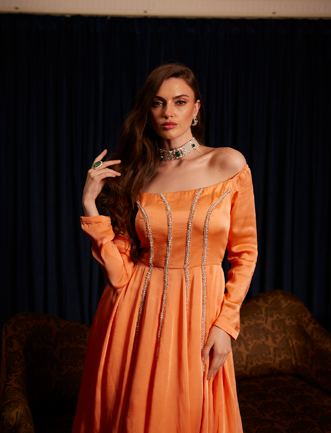 CY Saadgi Nagpal Saffron Serenity Off-Shoulder Co-Ord Set Front 3