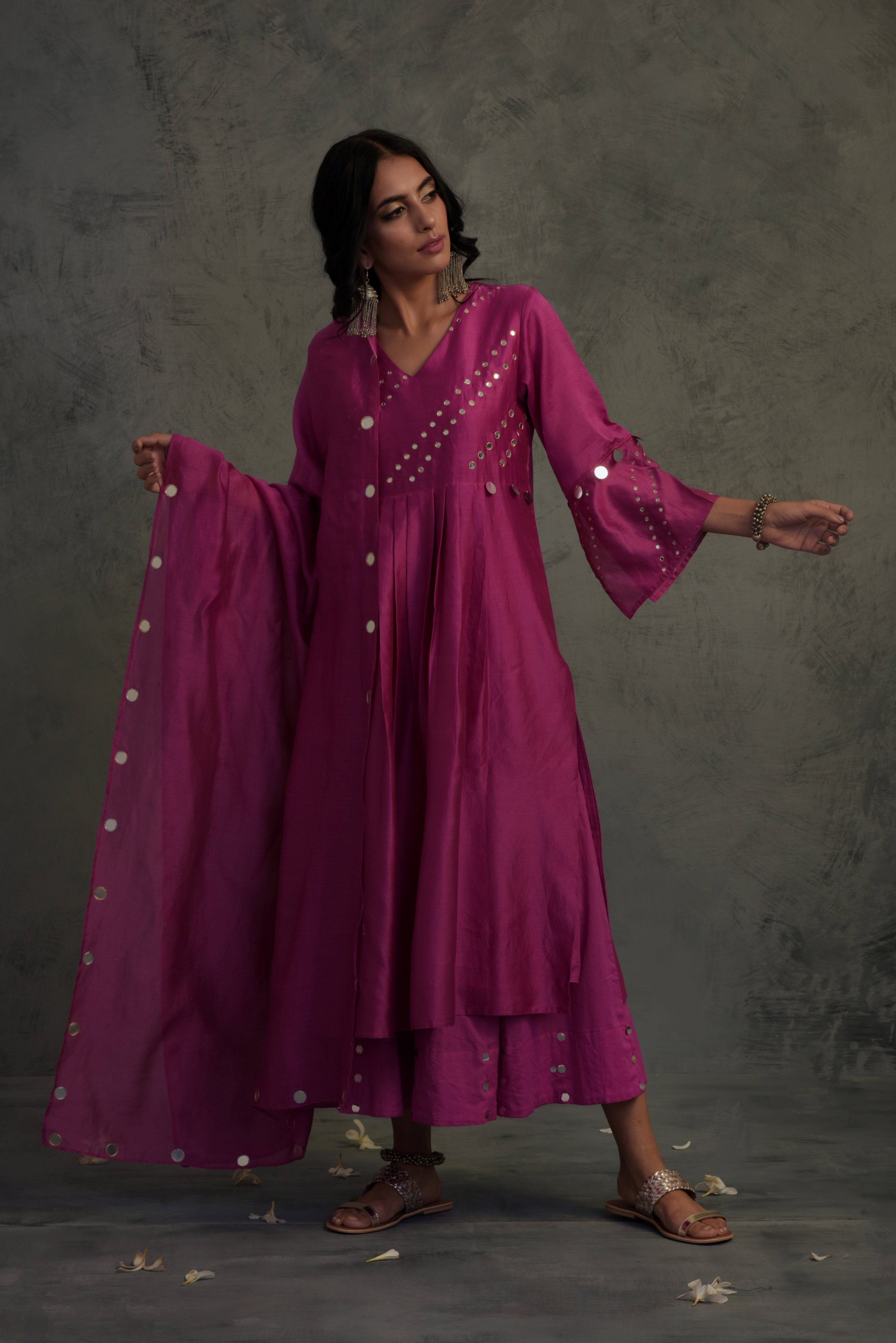 CY Charkhee Bright Pink Bell Sleeves Kurta Front 1