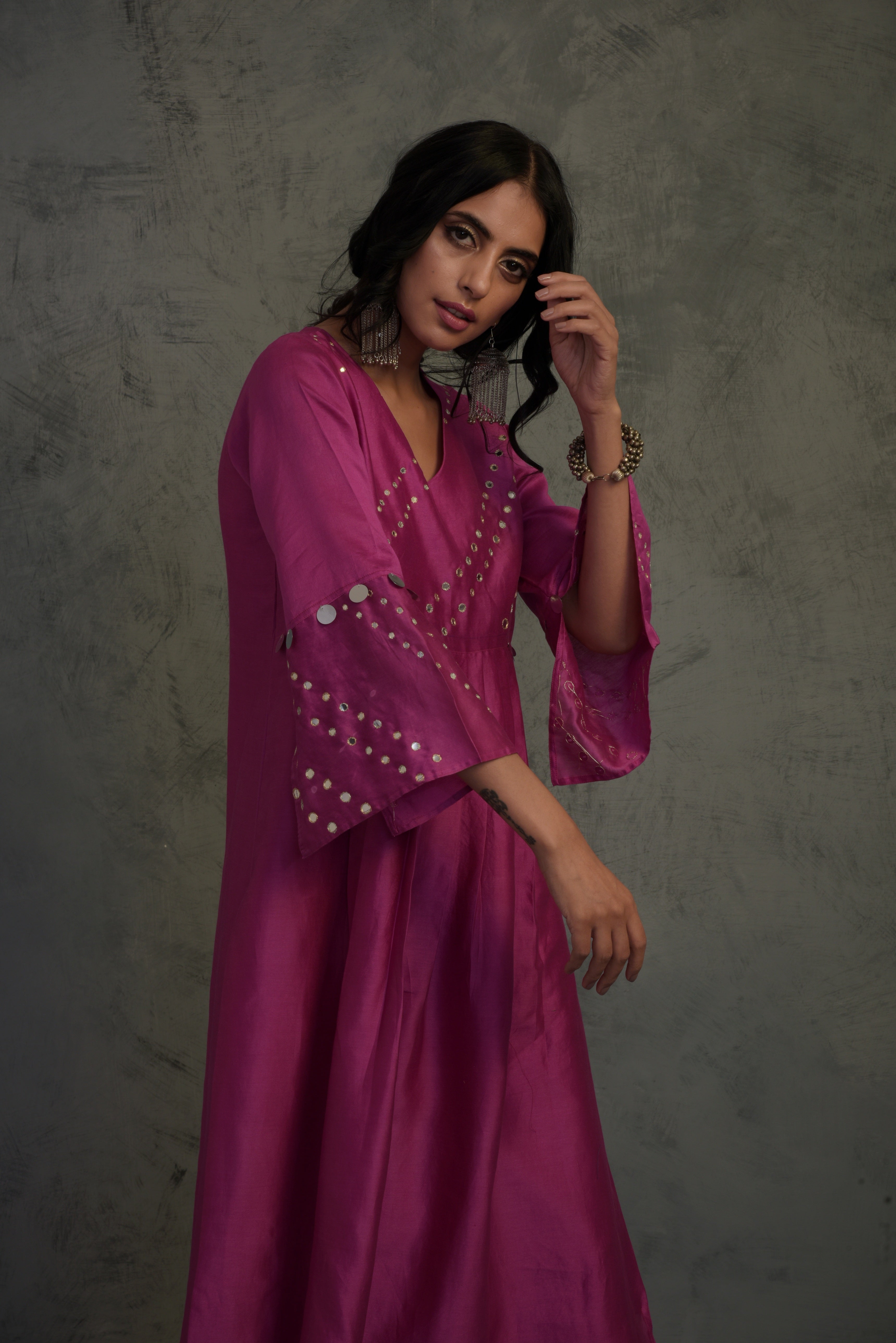 CY Charkhee Bright Pink Bell Sleeves Kurta Closeup 1