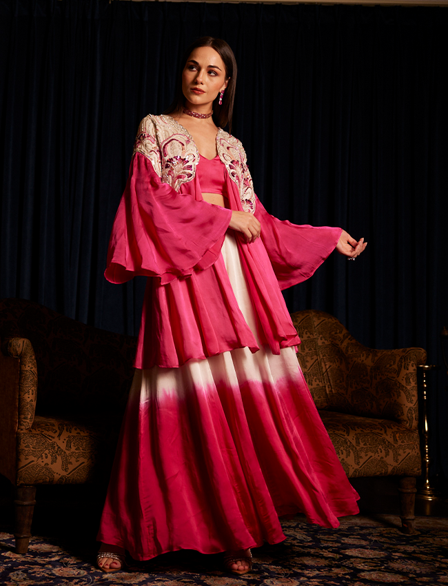 CY Saadgi Nagpal Wavecreast Magenta Cape Set Front 2