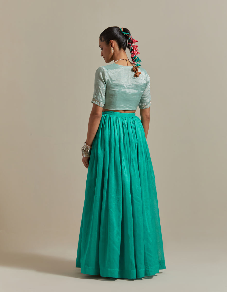  CY Vinusto Aqua Green Chanderi Skirt Set Back 1