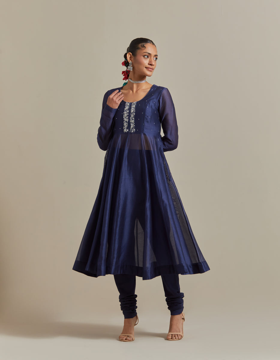  CY Vinusto Embroidered Blue Chanderi Anarkali Set Front 2