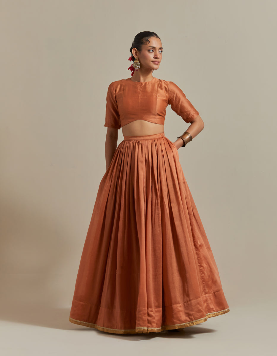  CY Vinusto Saffron Brown Chanderi Skirt Set Front 2