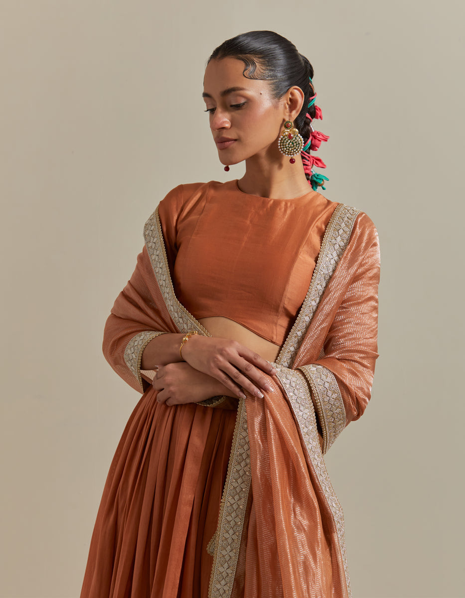  CY Vinusto Saffron Brown Chanderi Skirt Set Closeup 1