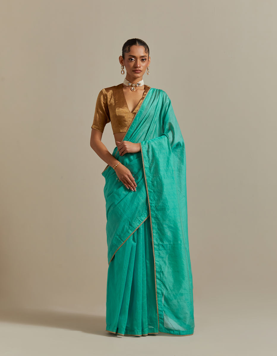  CY Vinusto Aqua Green Striped Chanderi Saree Set Front 1