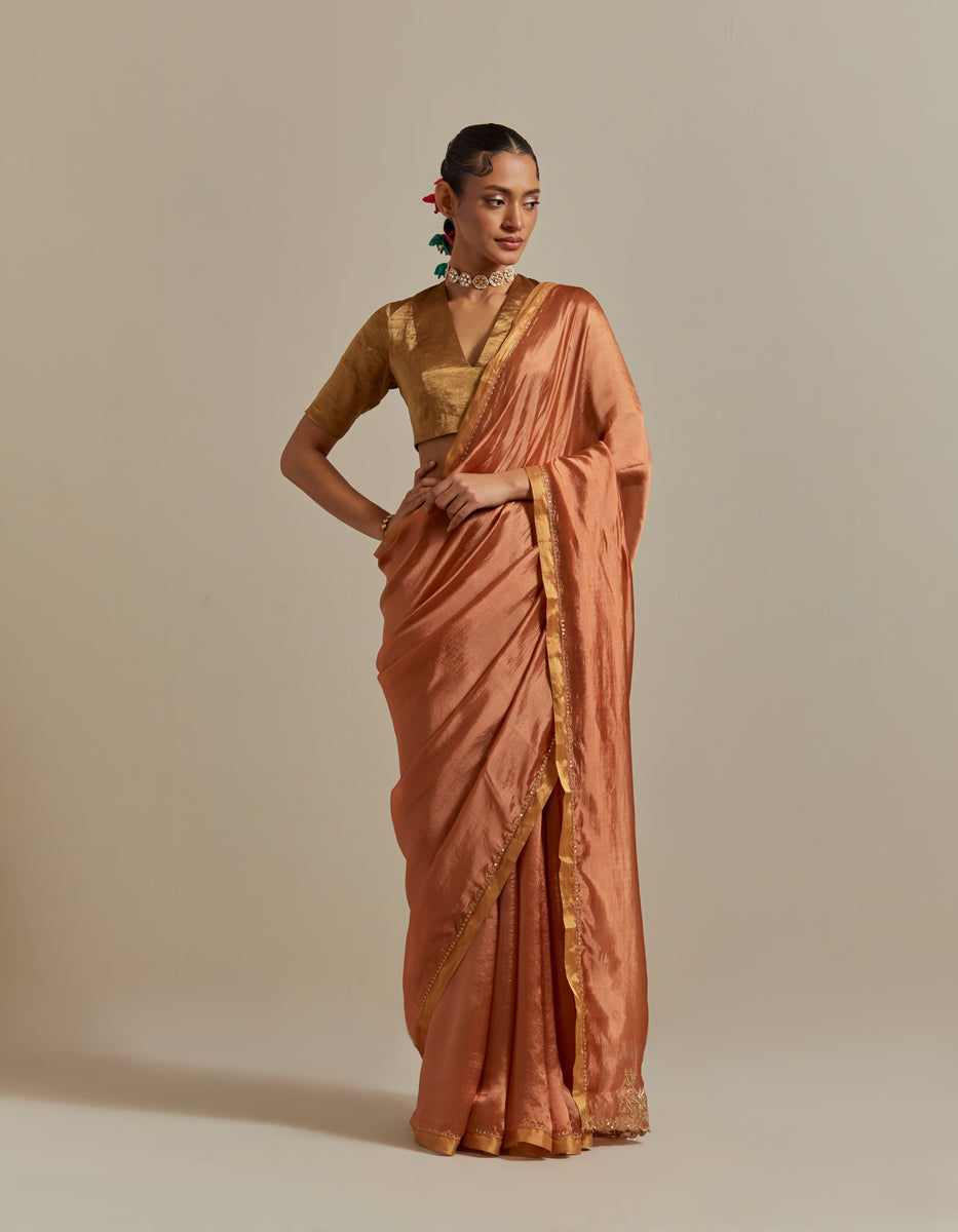  CY Vinusto Saffron Brown Silk Saree Set Front 1