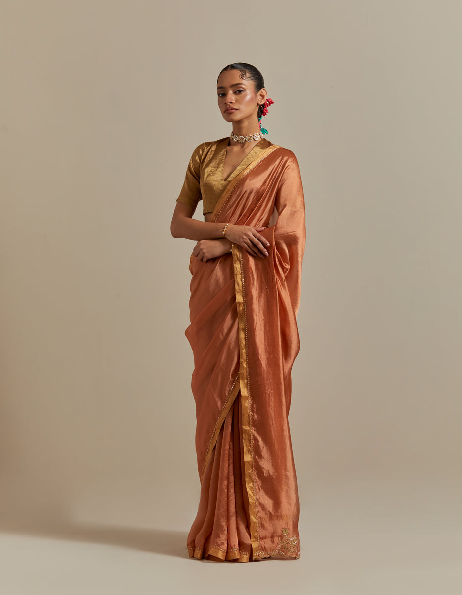  CY Vinusto Saffron Brown Silk Saree Set Front 2