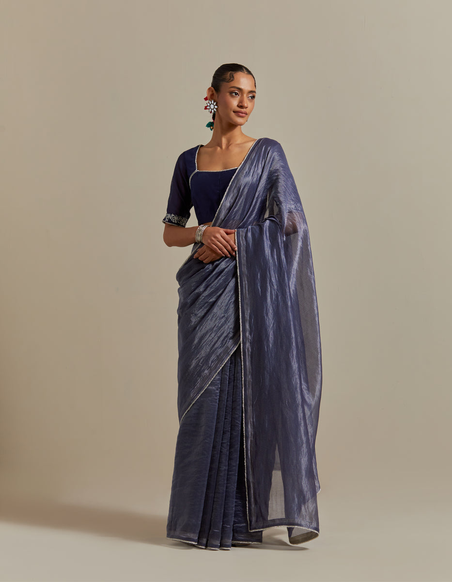  CY Vinusto Blue Chanderi Striped Saree Front 1