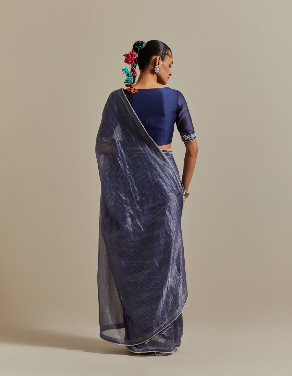  CY Vinusto Blue Chanderi Striped Saree Back 1