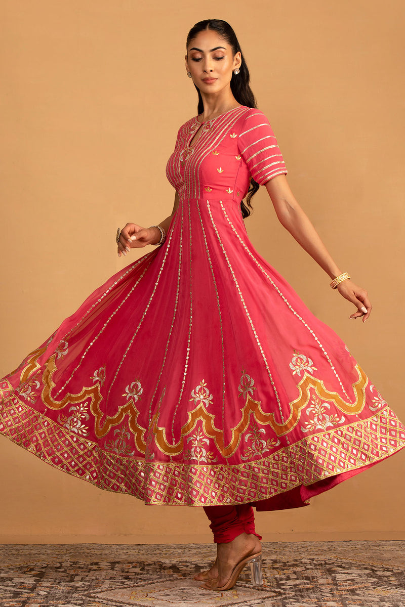 CY Esha Koul Peach Pink Anarkali Set Front 2