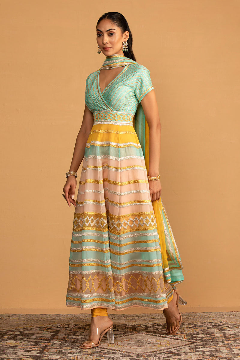 CY Esha Koul Aqua Multicolor Anarkali Set Front 2