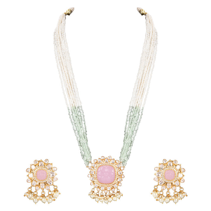 CY Sica Jewellery Rose Quartz Polki Necklace Set Front 1