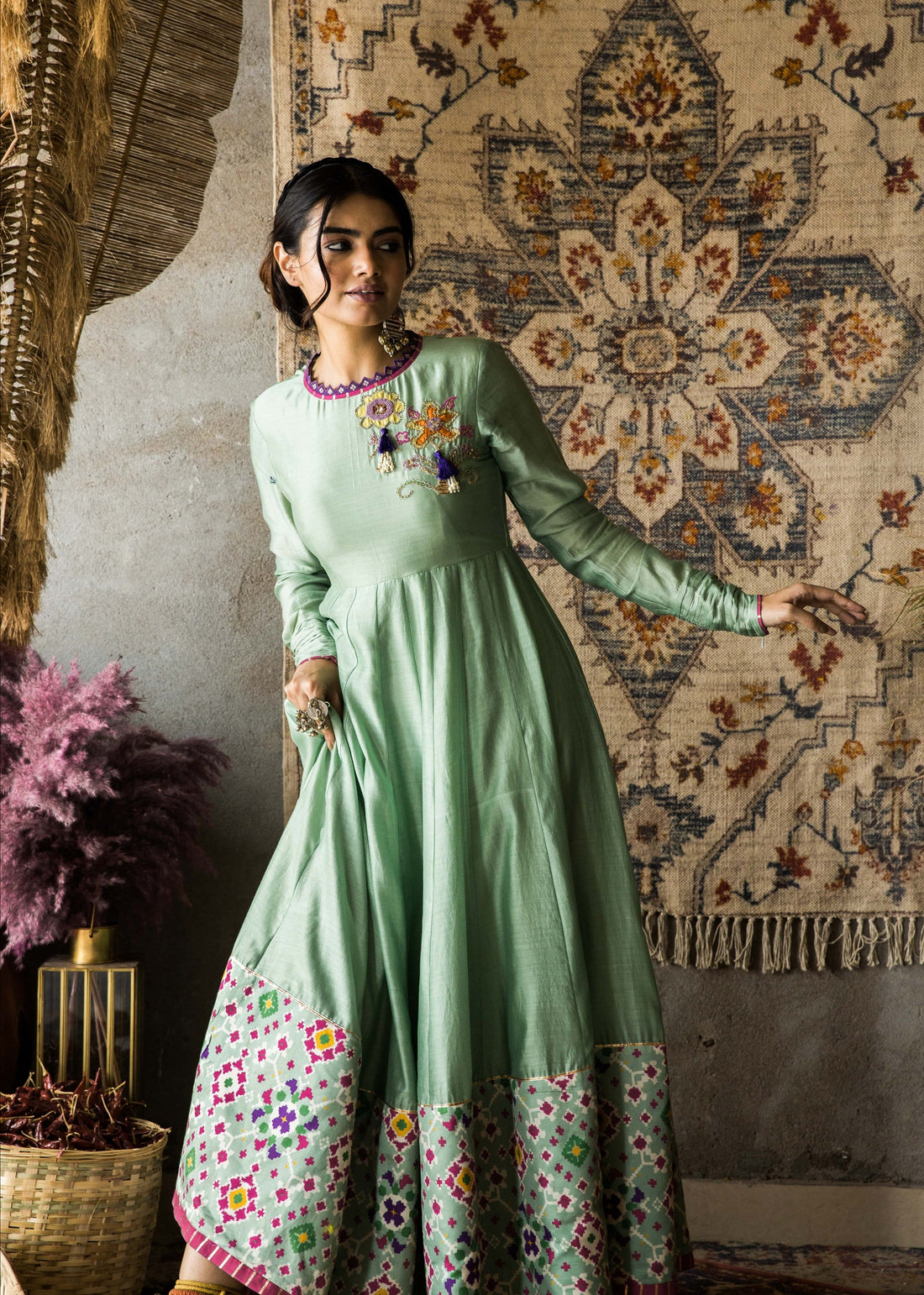 Chaahat-Pistachio Green Chanderi Anarkali Set