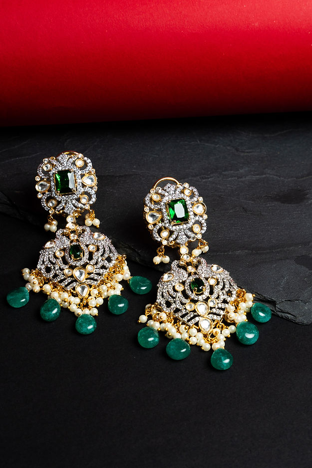 Jadau danglers With moissanite polki, semi precious stones And CZ diamonds