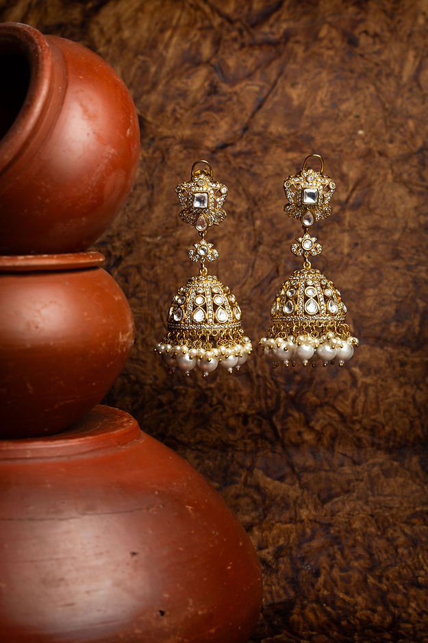 Jadau jhumkaas With cz diamonds, pearls And a polkie finish