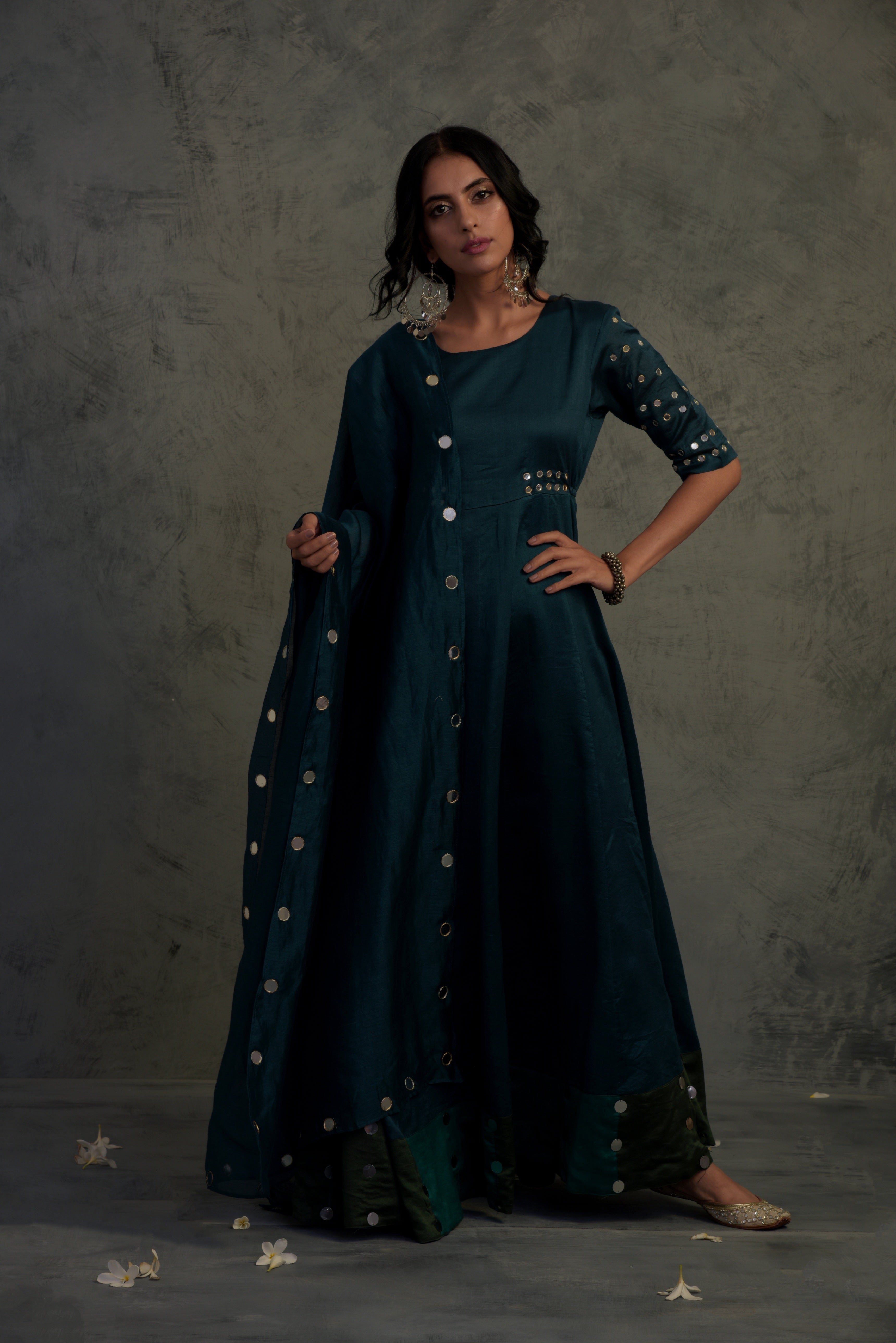 CY Charkhee Teal Blue Chanderi Anarkali Front 1