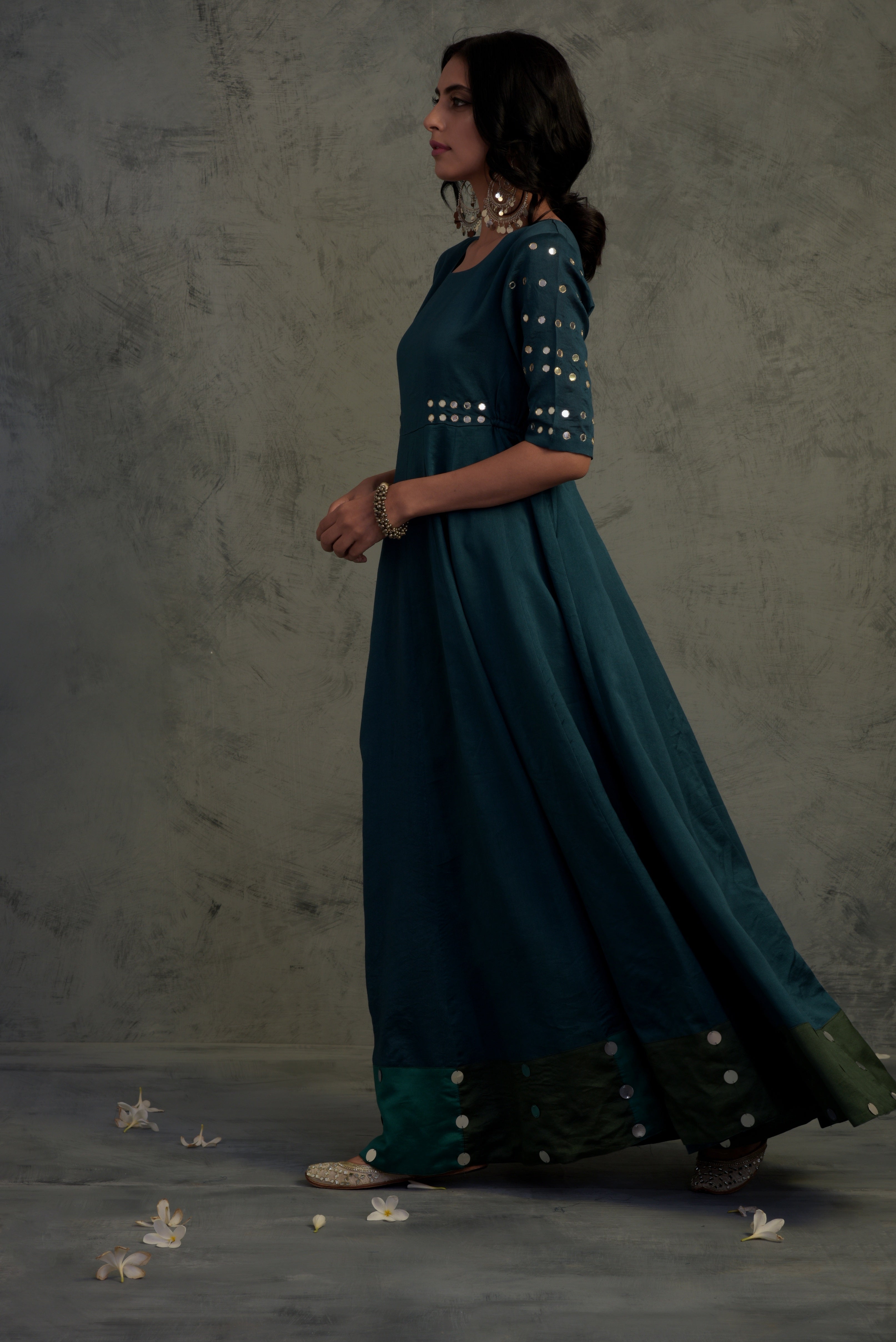 CY Charkhee Teal Blue Chanderi Anarkali Side 1