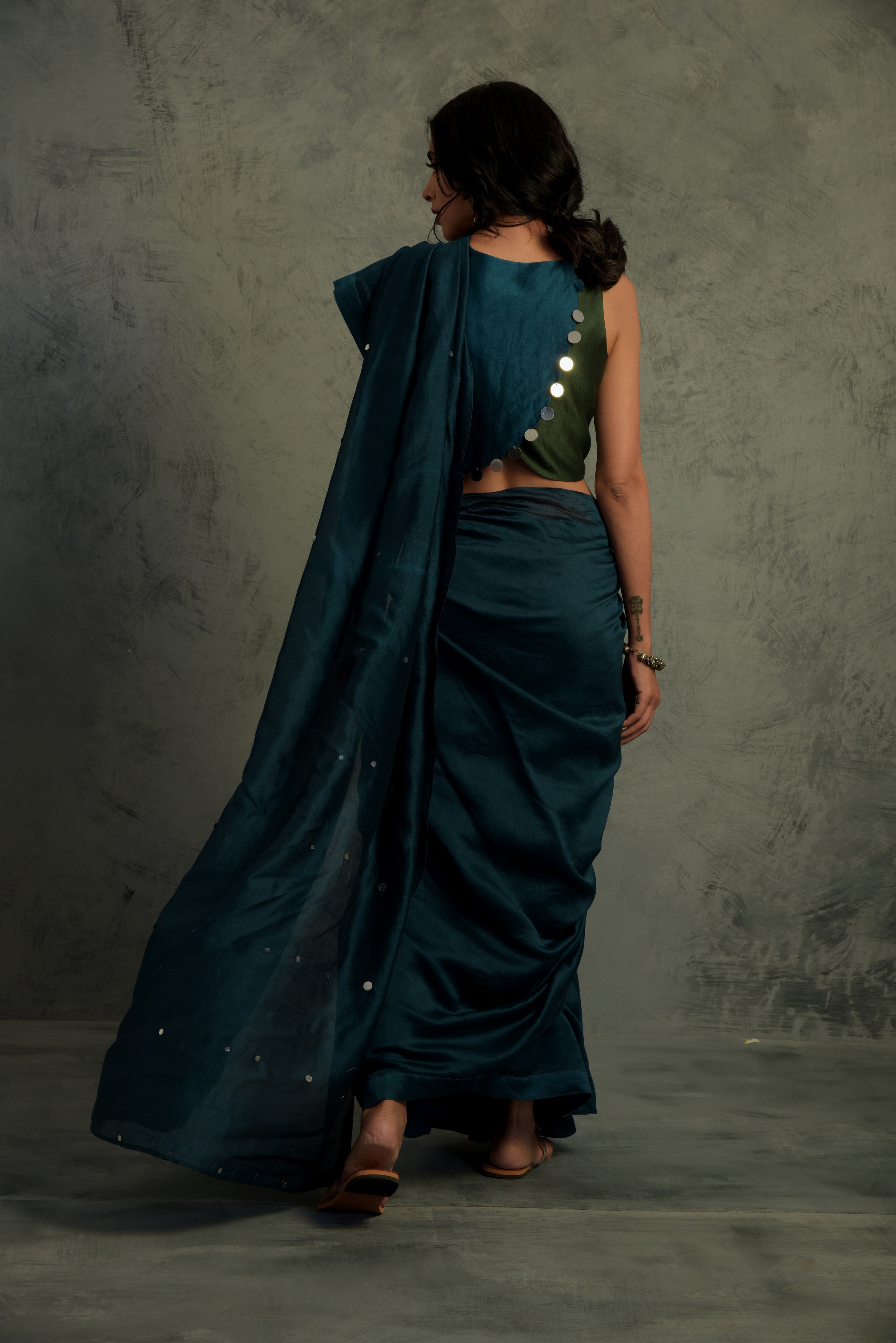 CY Charkhee Chanderi Teal Blue Saree With Blouse Back 1