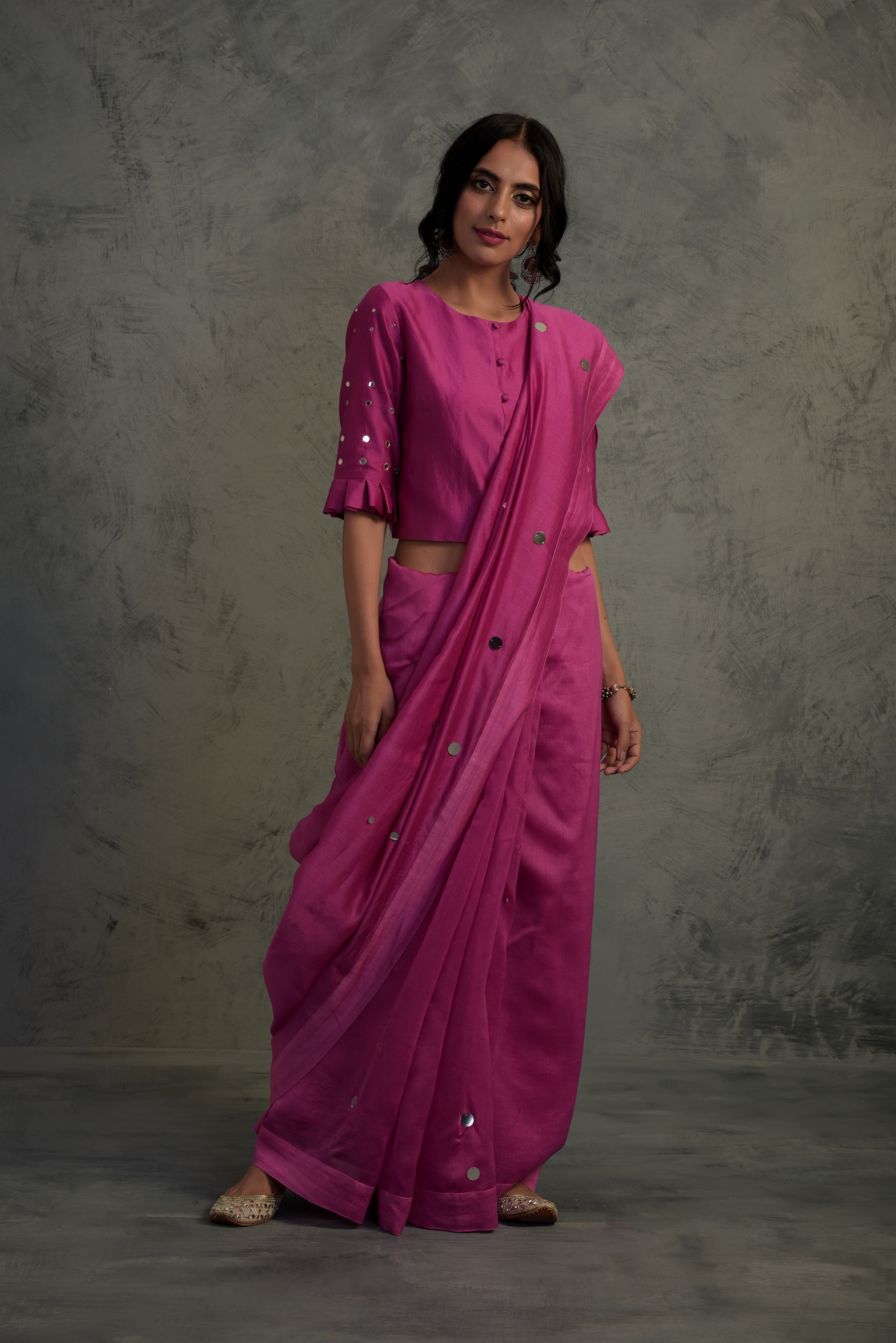 CY Charkhee Bright Pink Chanderi Saree Front 1