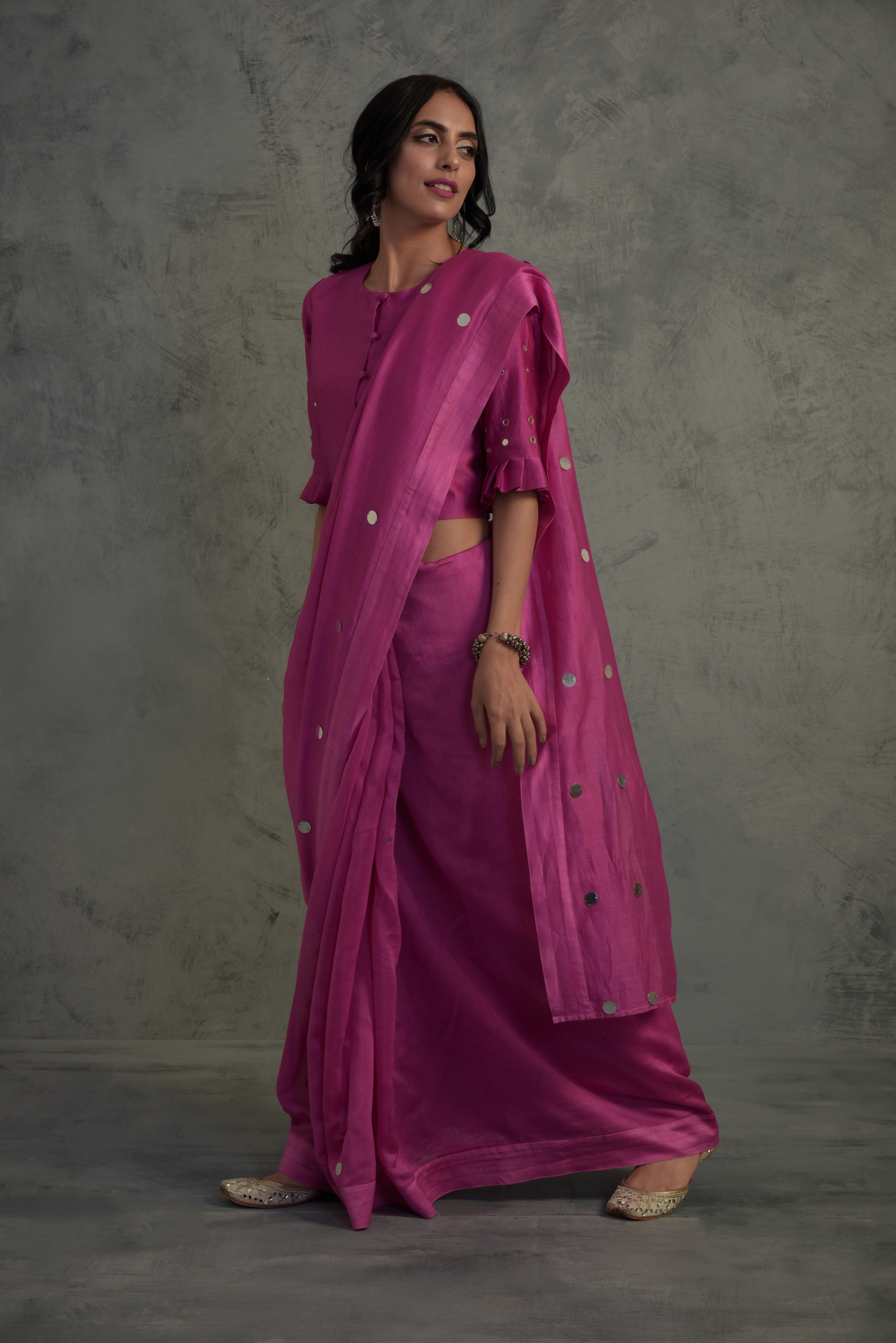 CY Charkhee Bright Pink Chanderi Saree Side 1