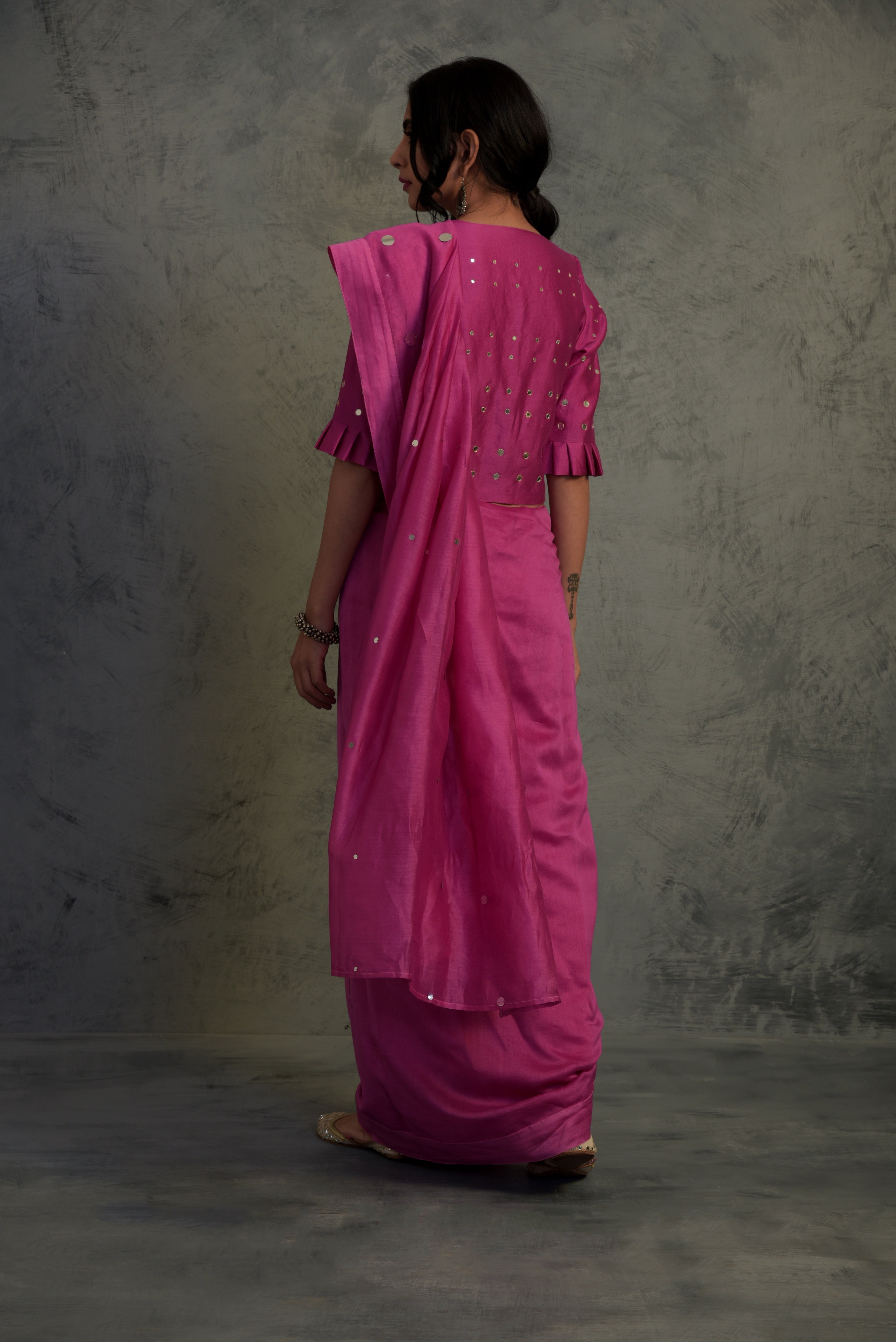 CY Charkhee Bright Pink Chanderi Saree Back 1