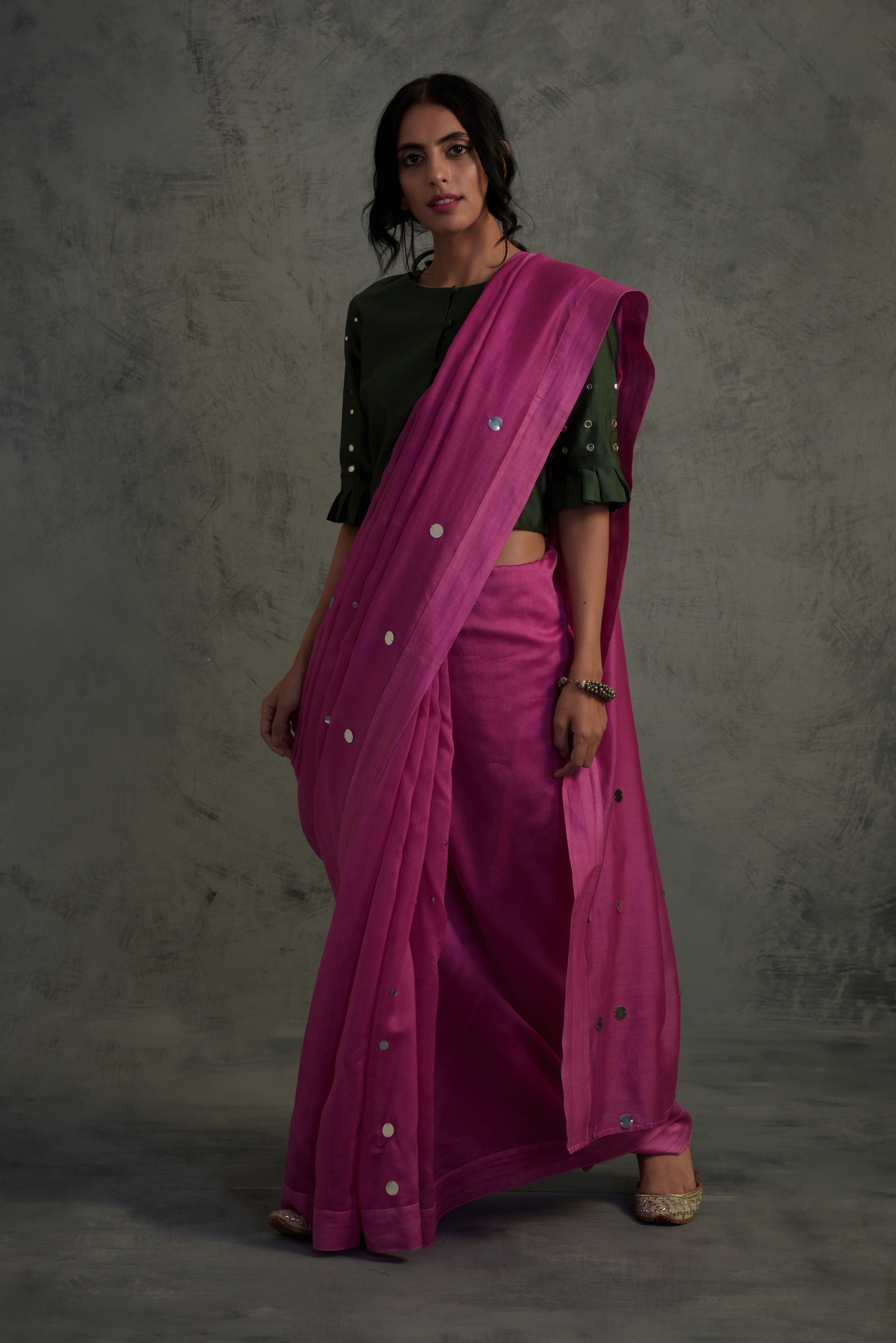 CY Charkhee Bright Pink Chanderi Saree With Pleated Bottle Green Crop Top Front 1