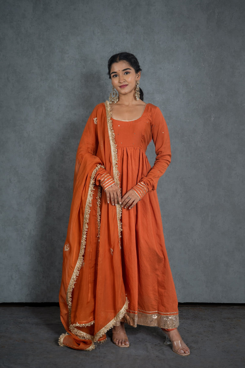 CY Burnt Orange Organza Embroidered Dupatta Front 2