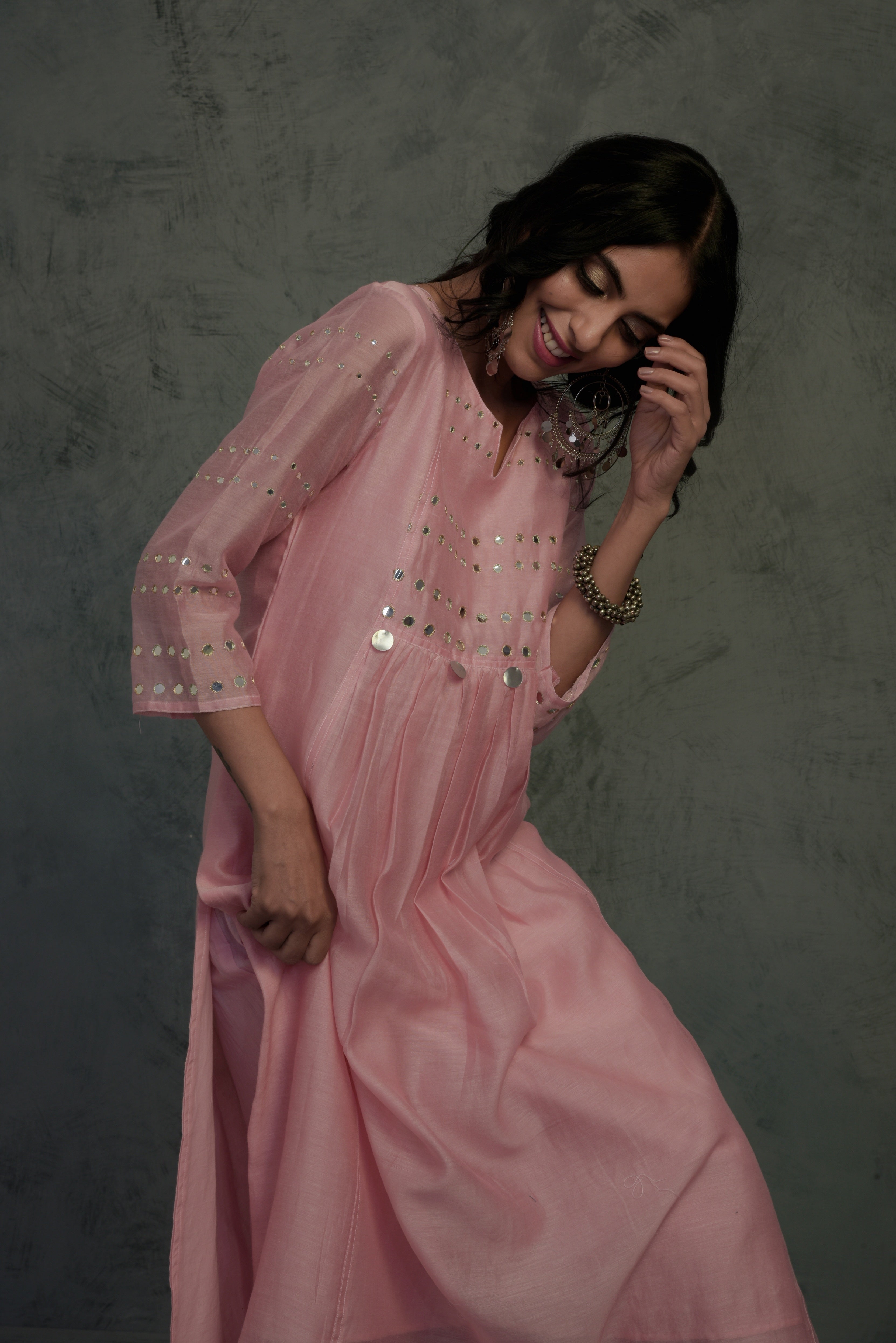 CY Charkhee Light Pink Gathered Kurta Closeup 1