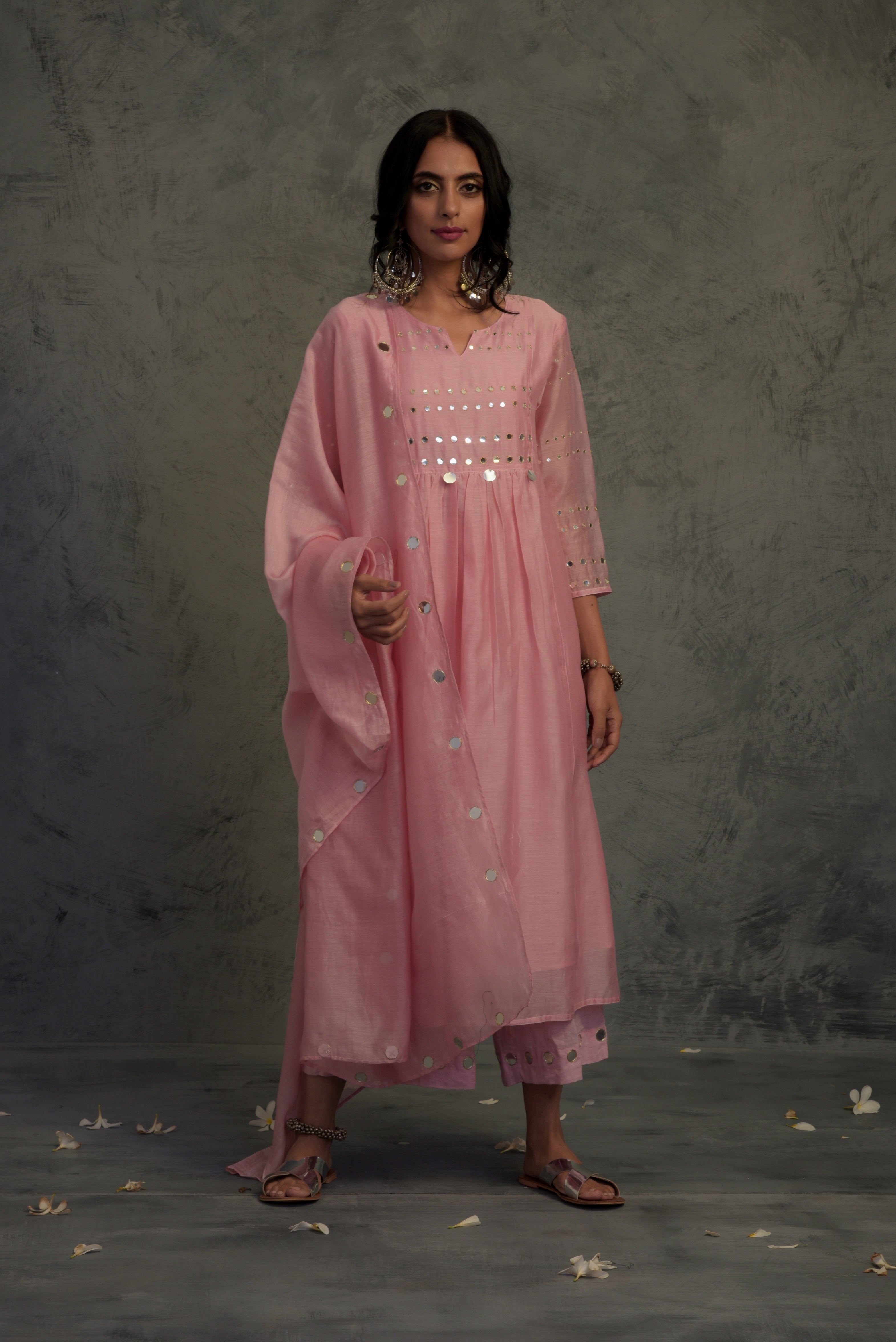 CY Charkhee Light Pink Gathered Kurta Front 1