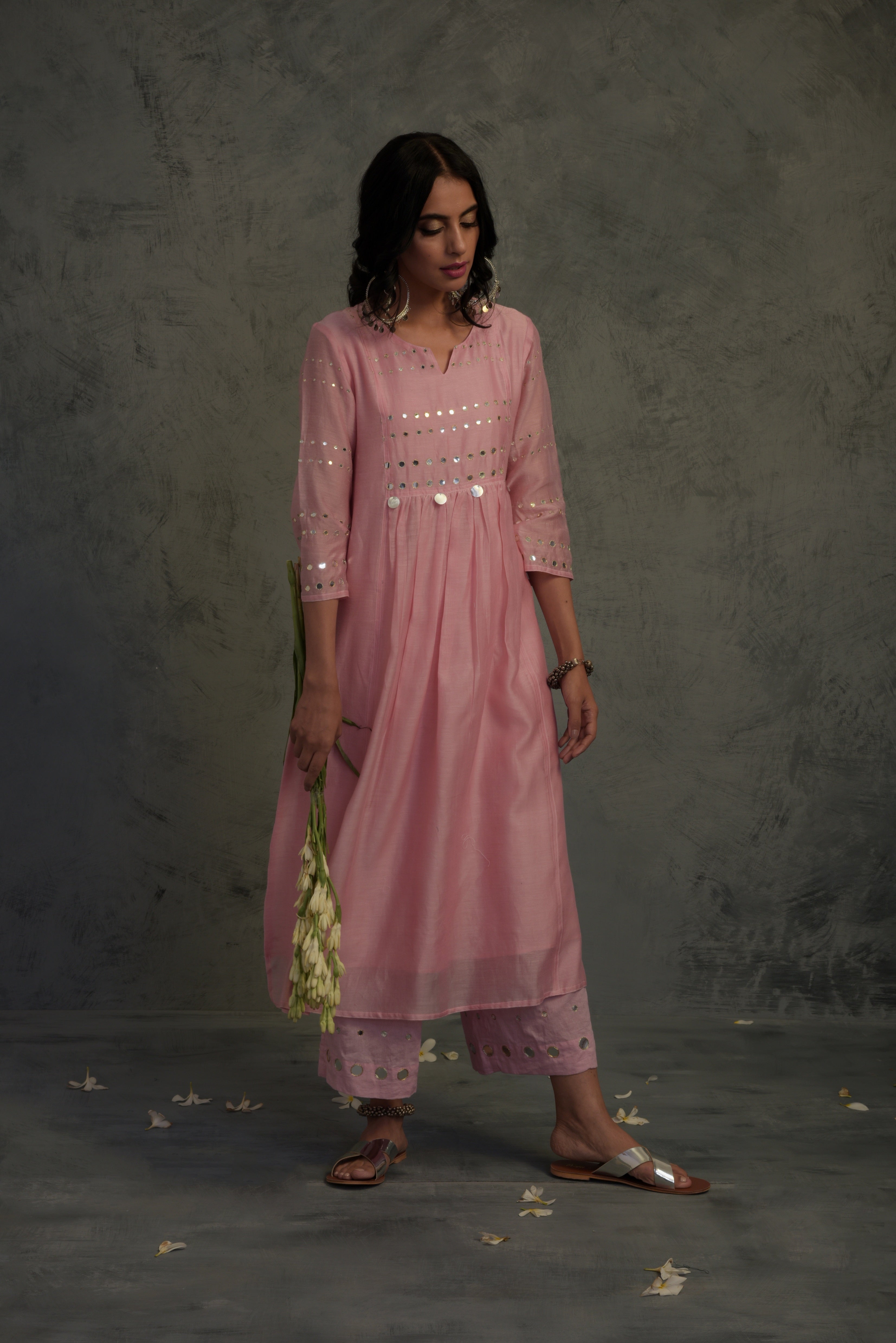 CY Charkhee Light Pink Gathered Kurta Front 2