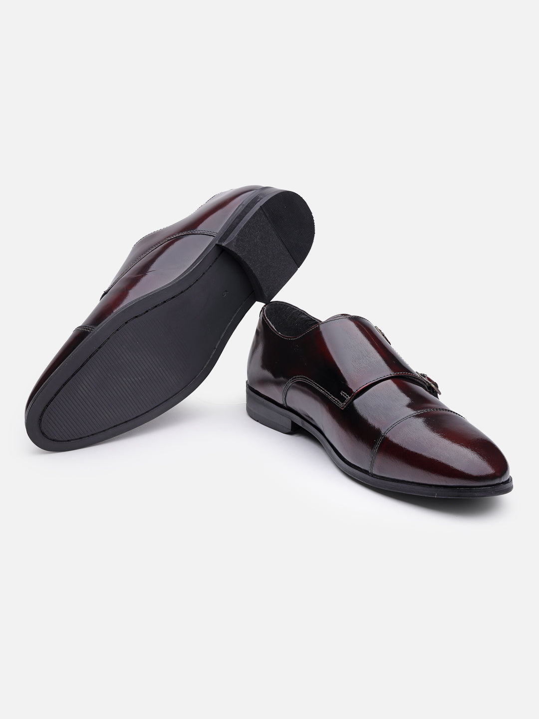 Leather Monk Burgundy Formal Shoes For Men