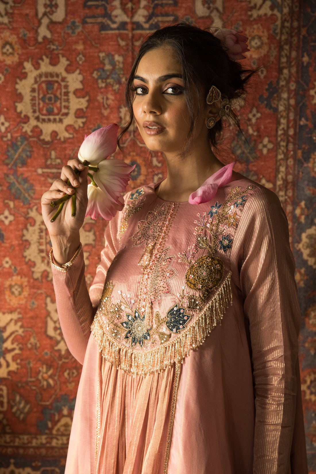 Nayara-Rosewater Pink Silk Embroidered Kurti Set