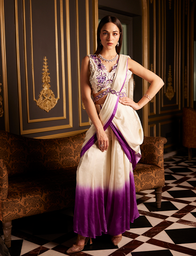 CY Saadgi Nagpal Purple Haze Ombre Drape Saree Front 4