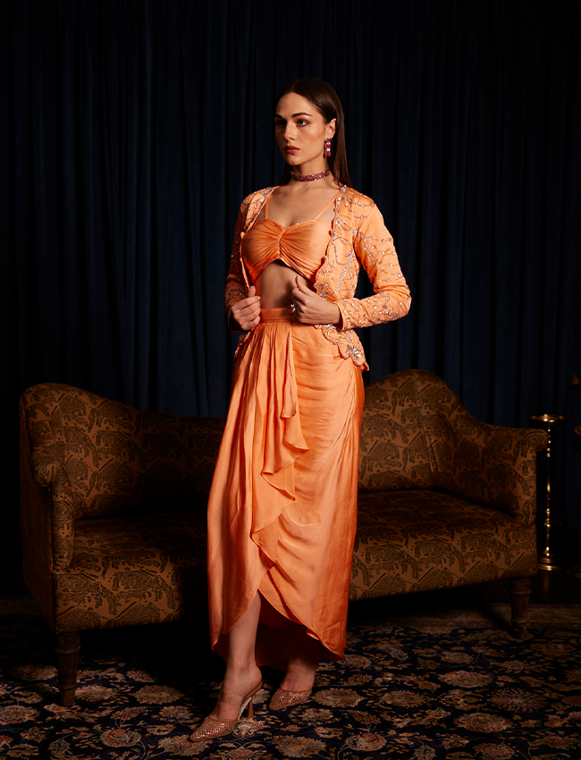 CY Saadgi Nagpal Saffron Sun Pleated Trio Set Front 3